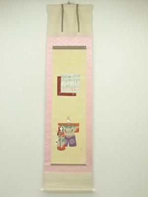 紫芳筆　立雛画賛　小郷李杜筆　色紙　肉筆絹本掛軸（共箱）